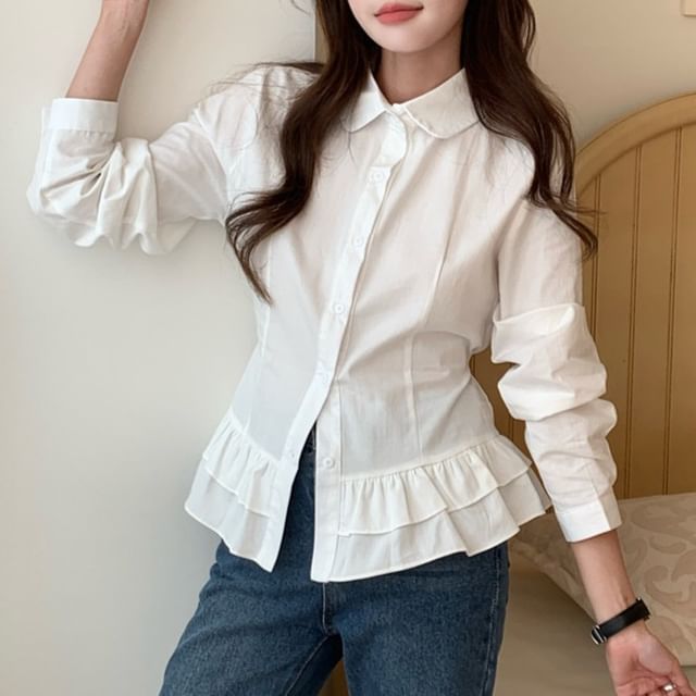 ANORA-Long Sleeve Collared Plain Ruffle Shirt