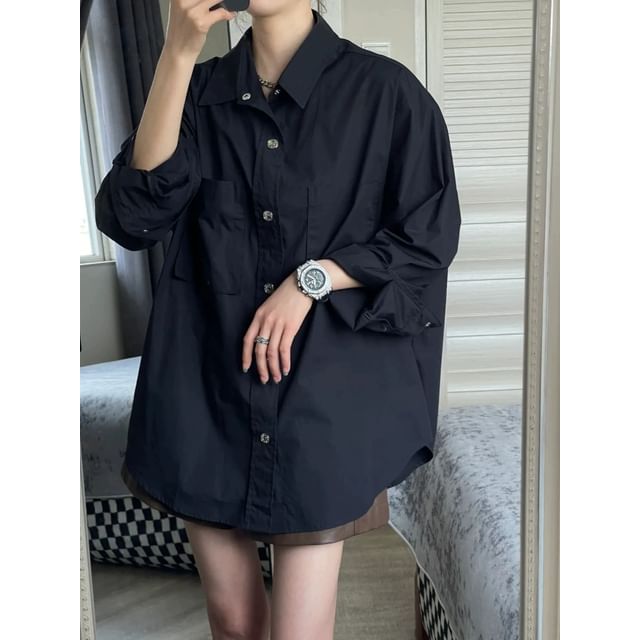 ANORA-Long Sleeve Collared Plain Shirt
