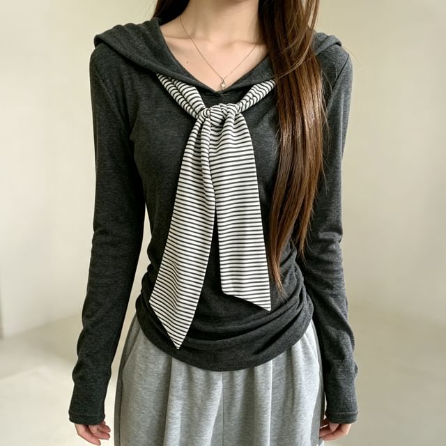 ANORA-Long-Sleeve Collared Tie-Front Pinstriped Panel T-Shirt