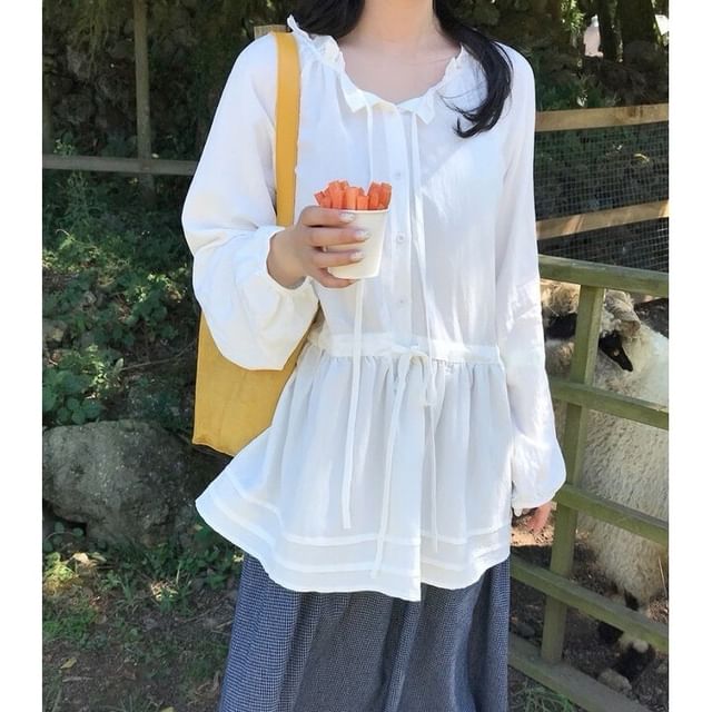 ANORA-Long-Sleeve Frill Trim Plain Shirt