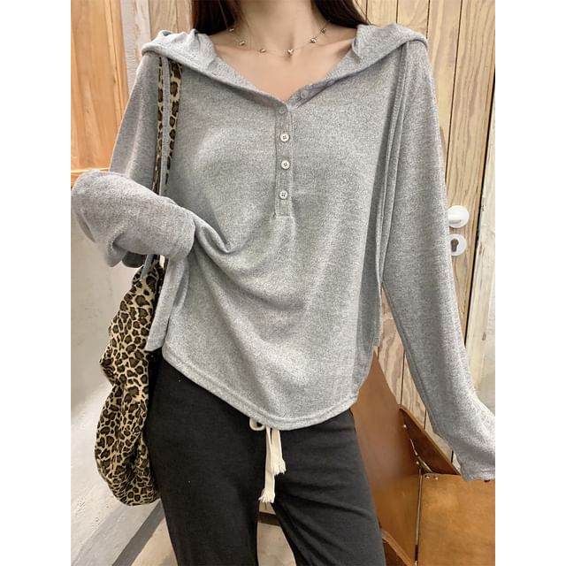 ANORA-Long-Sleeve Hooded Half Buttoned Plain Top