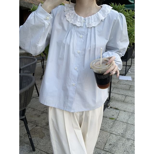 ANORA-Long-Sleeve Lace Collar Plain Blouse