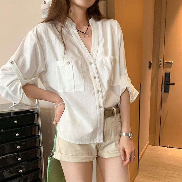 ANORA-Long-Sleeve Notch Neck Button-Up Plain Blouse