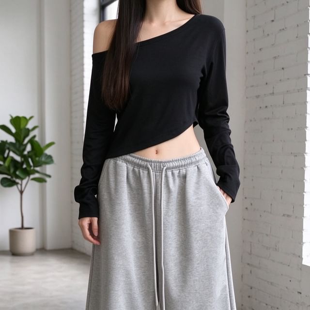 ANORA-Long-Sleeve One Shoulder Asymmetrical Plain Crop Top