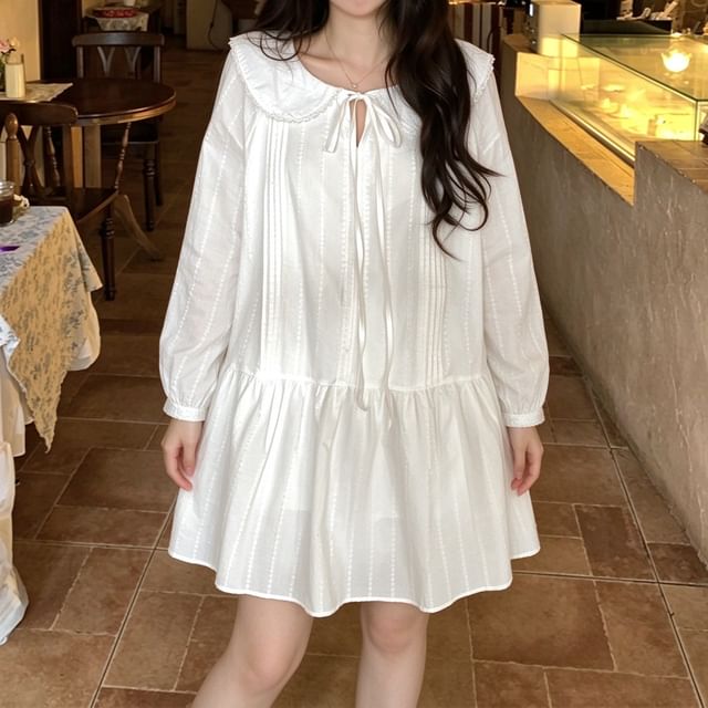 ANORA-Long-Sleeve Peter Pan Collar Plain A-Line Dress