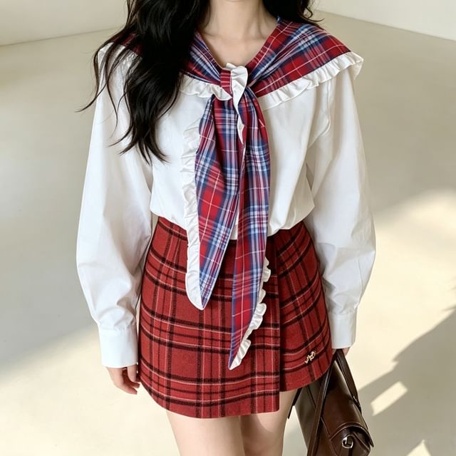 ANORA-Long-Sleeve Plaid Sailor Collared Oversized Panel Blouse