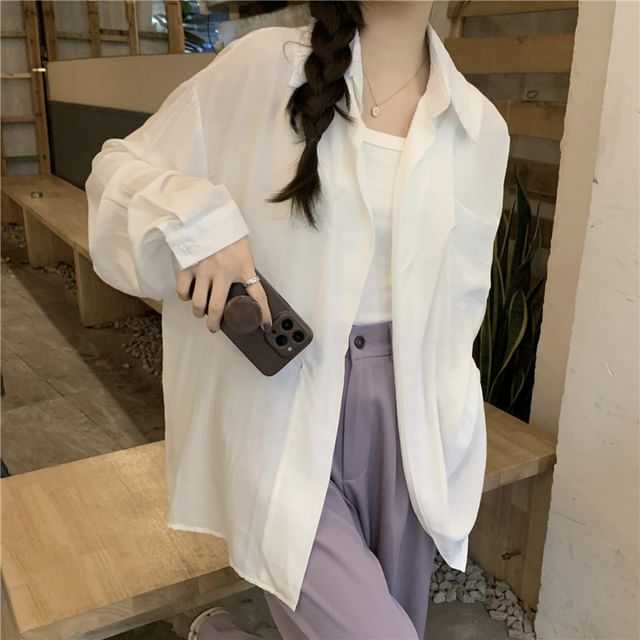 ANORA-Long-Sleeve Pocketed Plain Shirt