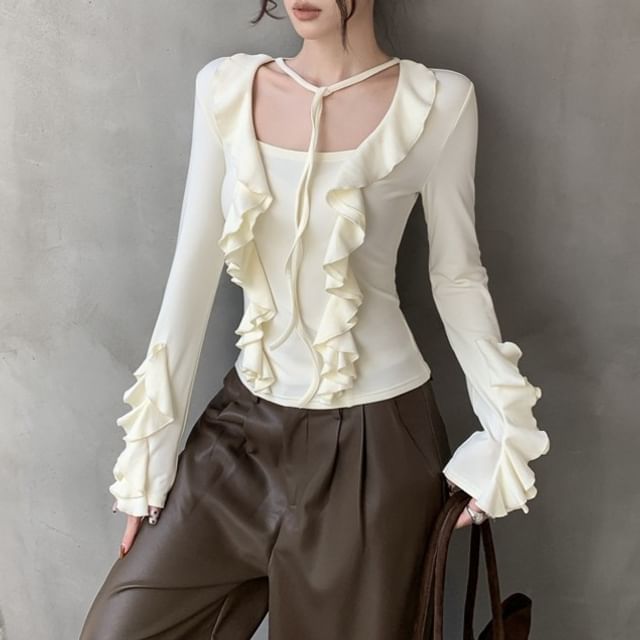 ANORA-Long Sleeve Square Neck Plain Ruffle Top