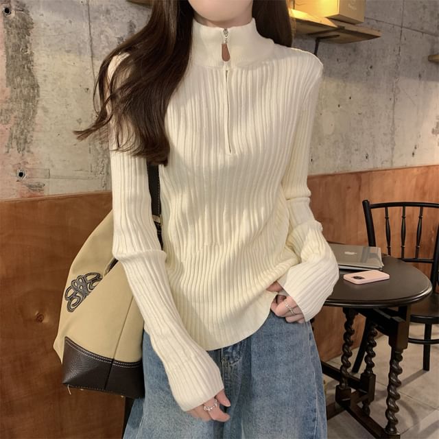 ANORA-Long-Sleeve Stand Collar Half-Zip Plain Knit Top