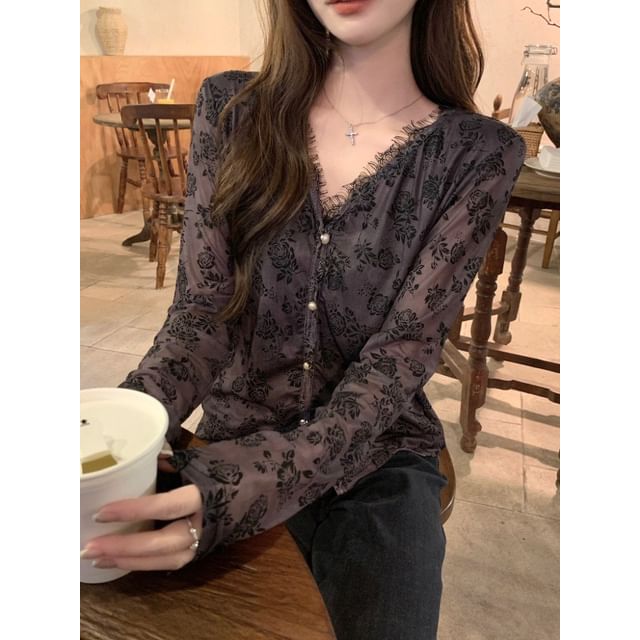 ANORA-Long-Sleeve V-Neck Lace Trim Top