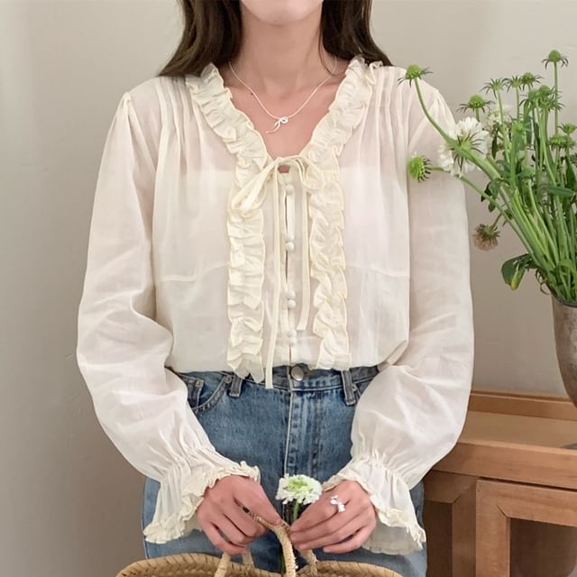 ANORA-Long Sleeve V-Neck Plain Ruffle Tie Front Blouse