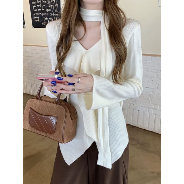 ANORA-Long-Sleeve V-Neck Plain Ruffle Trim Knit Top