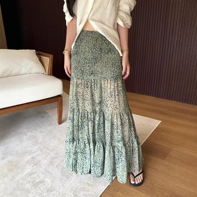 ANORA-Mid Rise Leopard Pleated Maxi A-Line Skirt