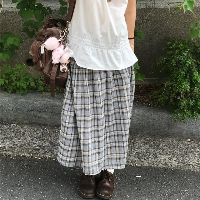 ANORA-Mid Rise Plaid Maxi A-Line Skirt