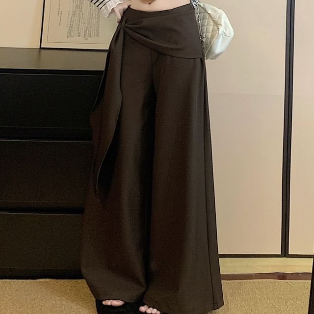 ANORA-Mid Rise Plain Sash Wide Leg Pants