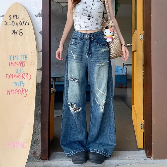 ANORA-Mid Waist Washed Distressed Baggy Jeans
