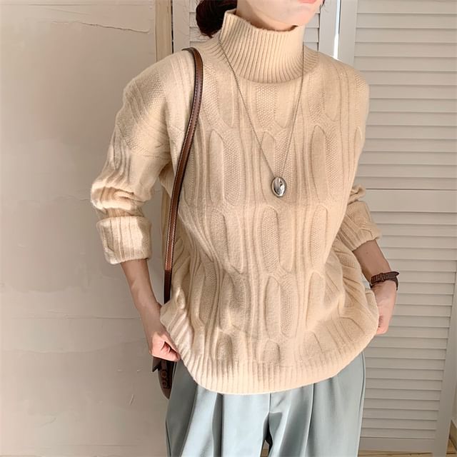 ANORA-Mock Neck Plain Cable Knit Sweater