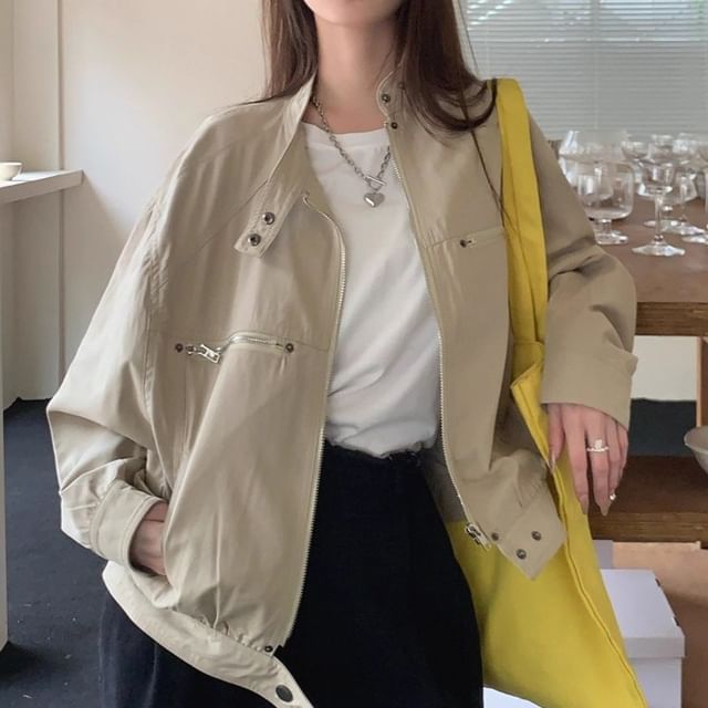ANORA-Mock Neck Zip-Up Plain Jacket