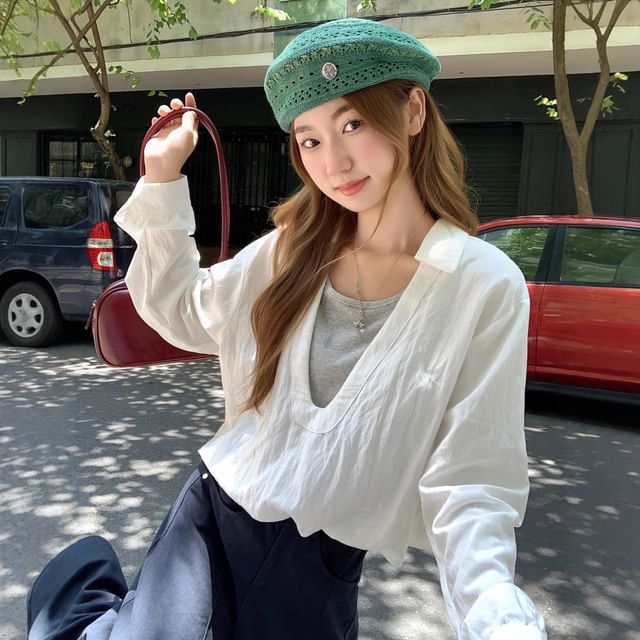 ANORA-Mock Two-Piece Long-Sleeve Round Neck Two Tone Blouse