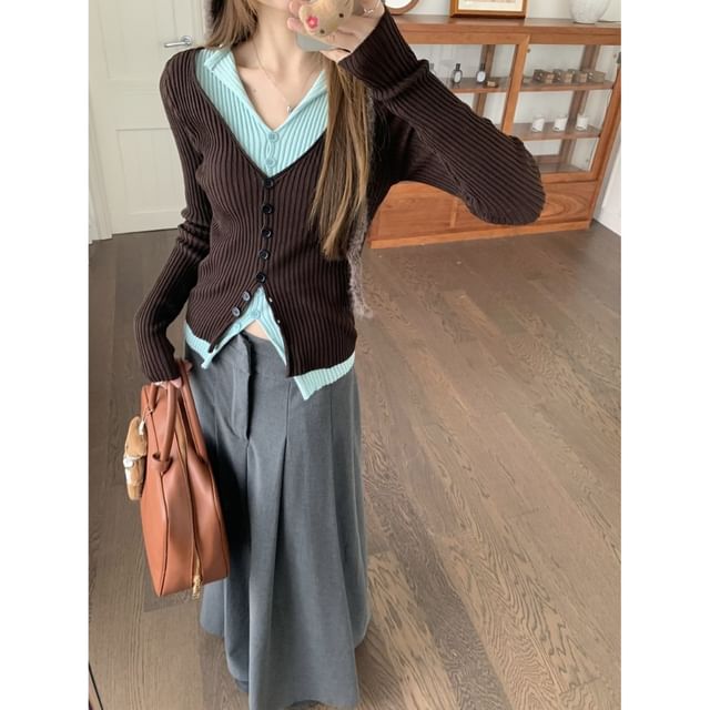 ANORA-Mock Two-Piece Long-Sleeve V-Neck Two Tone Button Ribbed Knit Top