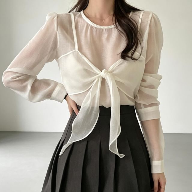 ANORA-Mock Two-Piece Puff-Sleeve Bow Sheer Blouse