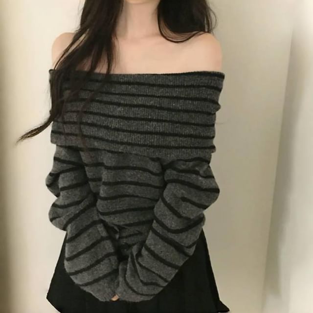 ANORA-Off-Shoulder Striped Sweater