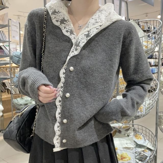 ANORA-Plain Lace Trim Hooded Cardigan