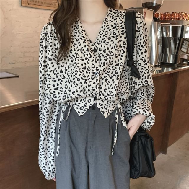 ANORA-Puff-Sleeve Leopard Print Drawstring Button-Up Blouse