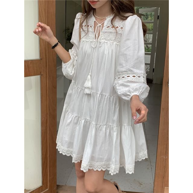 ANORA-Puff-Sleeve Perforated Plain Tunic Dress