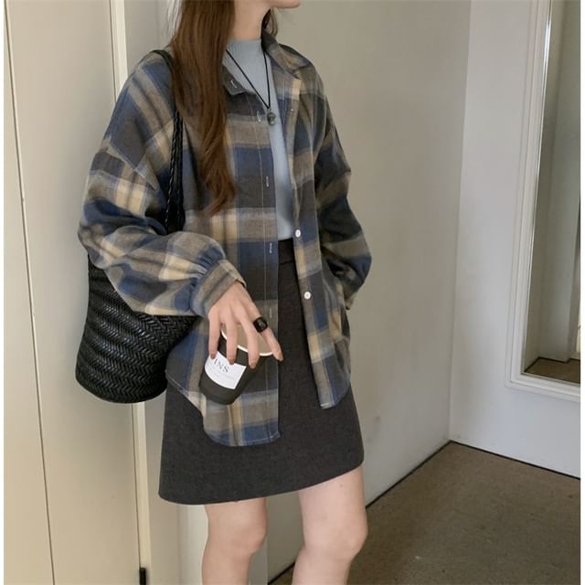 ANORA-Puff-Sleeve Plaid Shirt