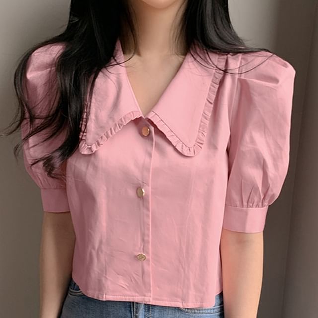 ANORA-Puff-Sleeve V-Neck Plain Shirt