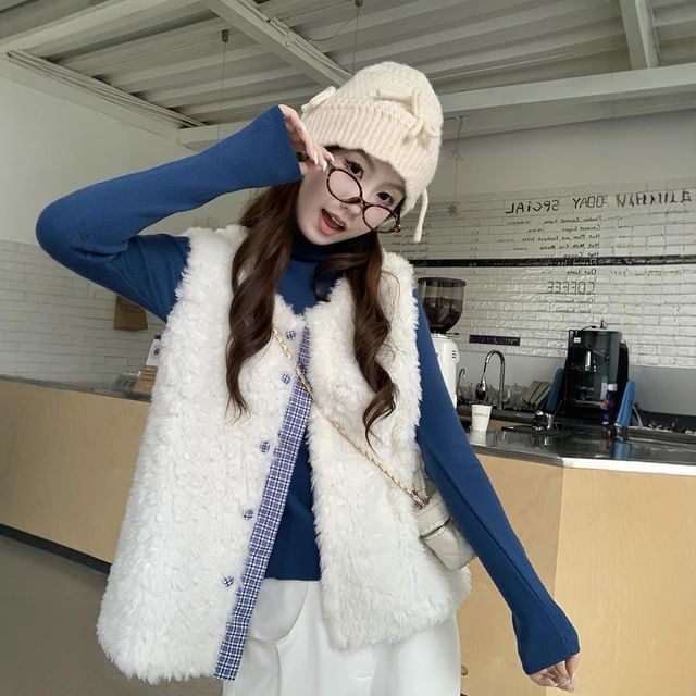 ANORA-Round Neck Plaid Panel Button Teddy Vest
