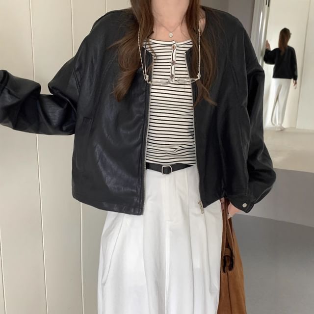 ANORA-Round Neck Plain Zip Jacket