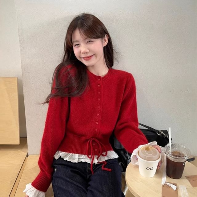 ANORA-Round Neck Ruffle Panel Drawstring Cardigan