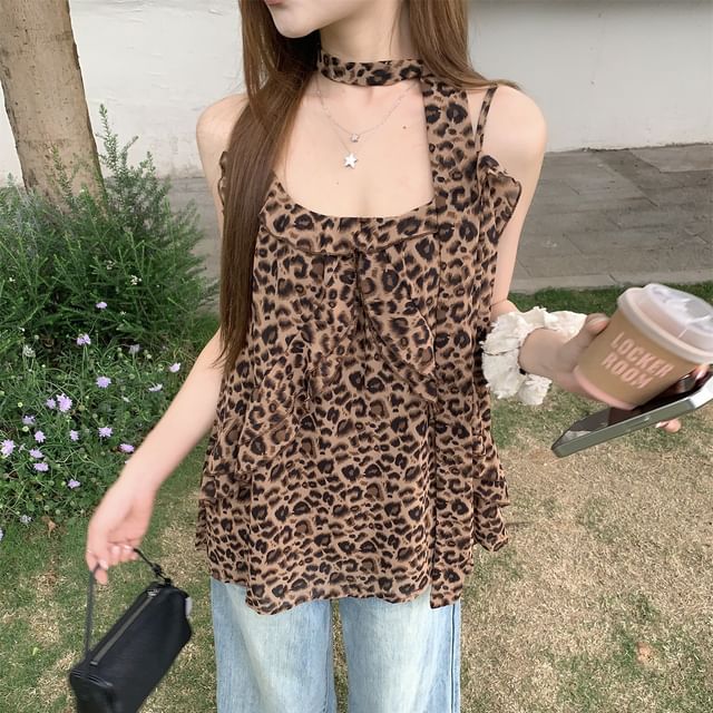ANORA-Set Leopard Print Camisole Top Sash