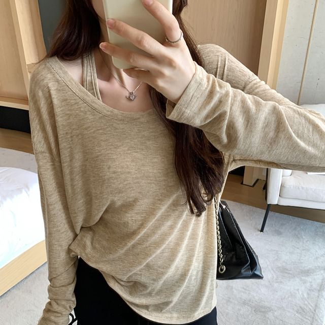 ANORA-Set Long Sleeve Scoop Neck Plain Tee Tank Top