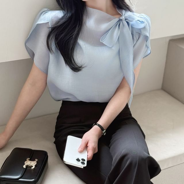 ANORA-Short-Sleeve Bow Accent Asymmetrical Plain Blouse