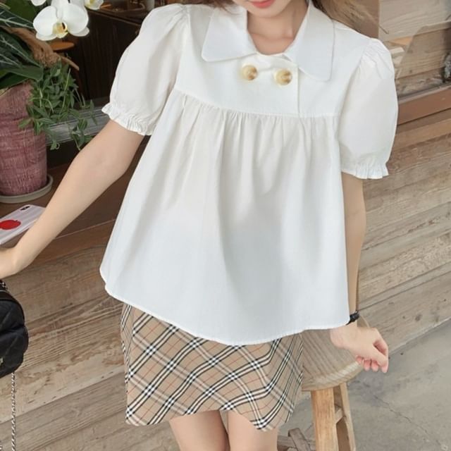 ANORA-Short Sleeve Collared Double Breasted Blouse