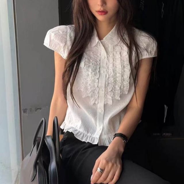 ANORA-Short-Sleeve Collared Plain Ruffle Trim Blouse