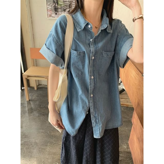 ANORA-Short Sleeve Collared Washed Denim Shirt