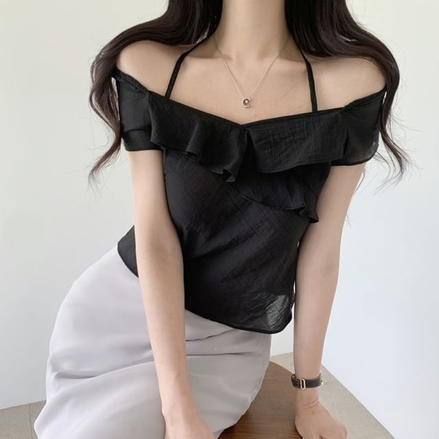 ANORA-Short-Sleeve Halter Neck Plain Crop Top