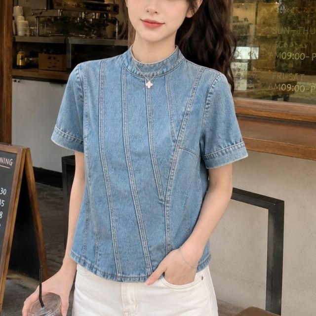 ANORA-Short-Sleeve Mock Neck Washed Denim Top