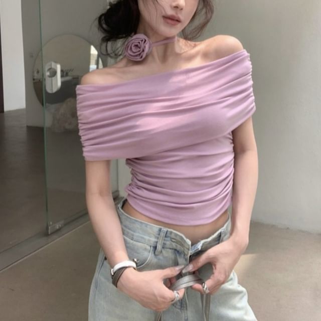 ANORA-Short Sleeve Off Shoulder Plain Ruched Top