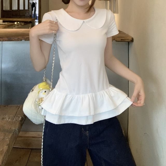 ANORA-Short-Sleeve Peter Pan Collar Ruffle Plain Top