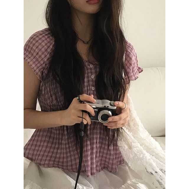 ANORA-Short-Sleeve Plaid Peplum Blouse