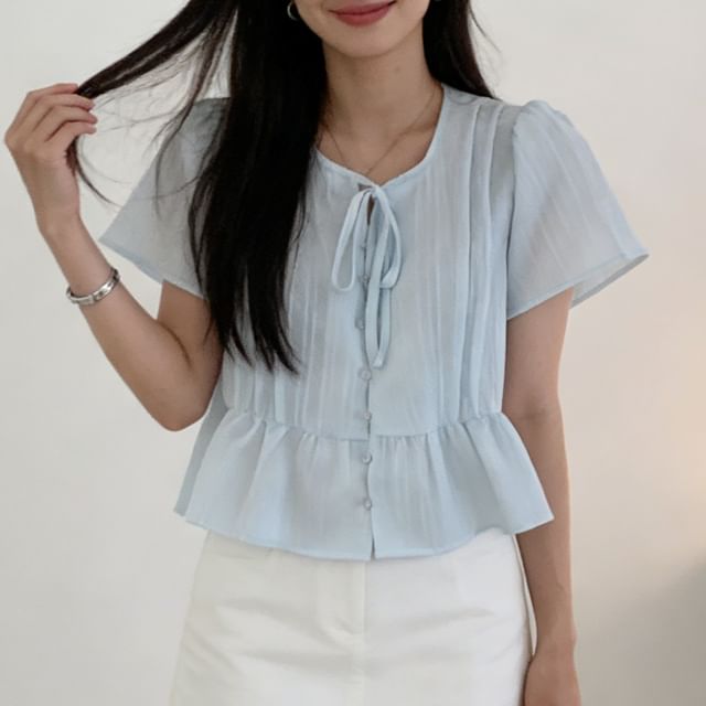 ANORA-Short-Sleeve Plain Bow Blouse