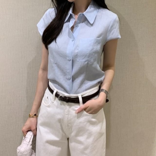 ANORA-Short-Sleeve Plain Pocket Front Shirt