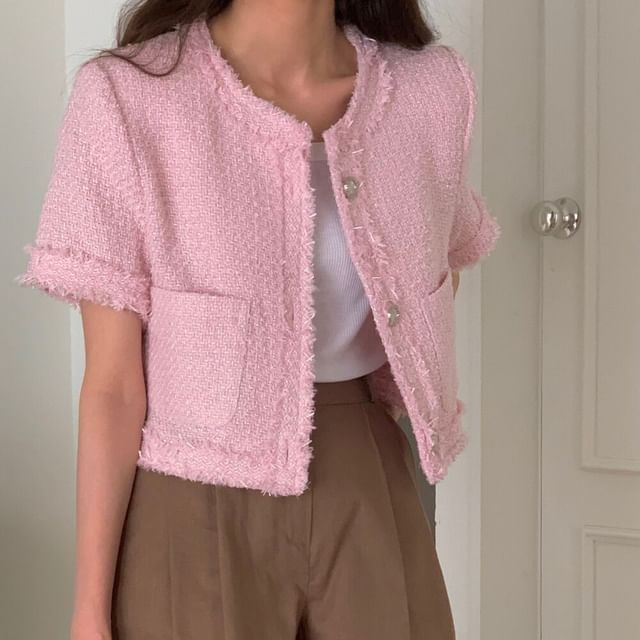 ANORA-Short Sleeve Round Neck Plain Fray Tweed Button Jacket