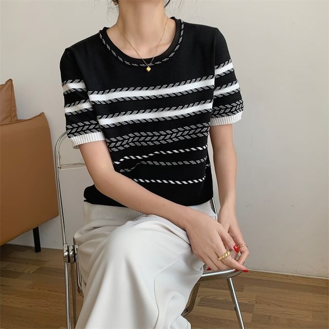 ANORA-Short-Sleeve Round Neck Striped Knit Top