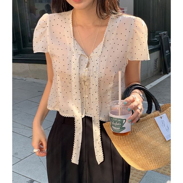 ANORA-Short-Sleeve Tie-Neck Polka Dot Blouse